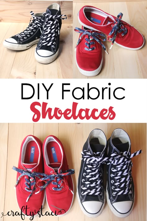 Fabric Shoelaces — Crafty Staci Diy Fabric Shoes, Fabric Shoes, Kids Fabric, Scrap Fabric, Glue Crafts, Fabric Strips, How To Make Shoes, Easy Sewing Projects, Gifts To Make