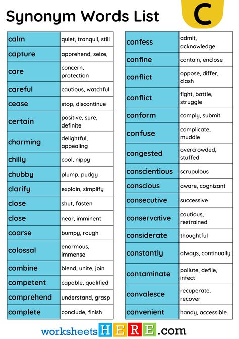 Synonym Words List Start with C Vocabulary PDF Worksheet For Students and Kids - WorksheetsHere.com Words List, English Tips, Word List, Vocabulary, Hair Styles