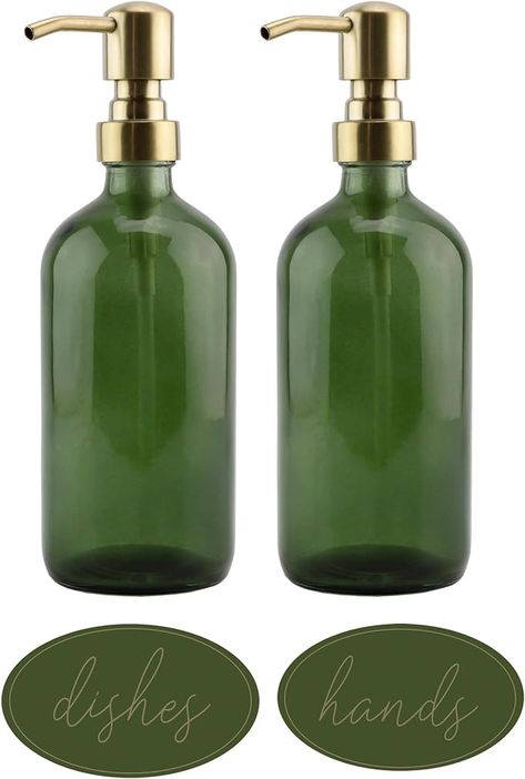 Amazon.com: Darware Green Glass Soap Dispensers (2-Pack, Gold Metal Pumps, 16-Ounce); Decorative Pump Bottles for Kitchen and Bathroom : Home & Kitchen Camper Remodel Diy, Dark Apothecary, Academia Kitchen, Zen Kitchen, Green Kitchen Accessories, Green Kitchen Decor, Minimal Bathroom, Bathroom Christmas, Black Caps