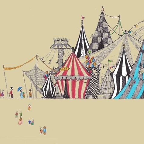 Circus Illustration Artworks, Circus Art Illustration, Circus Concept Art, Circus Tent Drawing, Circus Tent Illustration, Circus Artwork, Circus Drawing, Circus Painting, Circus Tents