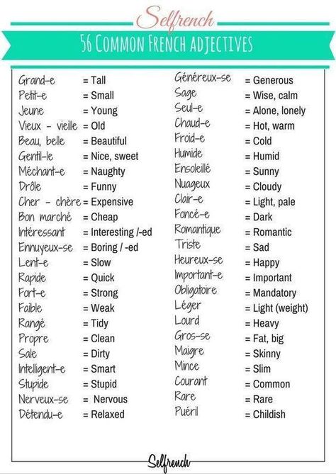 Adjectifs French Adjectives, French Basics, Learn To Speak French, Basic French Words, Study French, French Verbs, French For Beginners, French Language Lessons, French Education