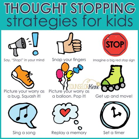 thought-stopping strategies for kids: help kids manage worries these 9 strategies. -counselor keri Thought Stopping, Counselor Keri, Group Counseling Activities, Kids Coping Skills, Coping Skills Activities, Elementary School Counseling, School Social Work, Counseling Activities, Child Therapy