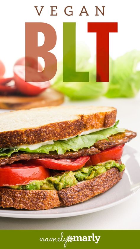 This easy Vegan BLT Sandwich recipe is packed with crispy vegan bacon, herbed mashed avocado, juicy tomatoes, and crunchy lettuce. That makes this the perfect lunch for any day! You'll want to save this pin for later! Blt Sandwich Recipes, Accidentally Vegan Foods, Vegan Blt, Vegan Blt Sandwich, The Perfect Sandwich, Vegan Sandwich Recipes, Perfect Sandwich, Blt Sandwich, Sweet Potato Black Beans