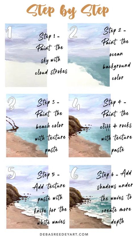 Easy texture seascape painting - Debasree Dey Art How To Paint A Beach, Beach Painting Tutorial, Gouache Techniques, Watercolour Seascapes, Seascape Paintings Acrylic, Watercolour Water, Beach Scene Painting, Painting Challenge, Learn Watercolor Painting