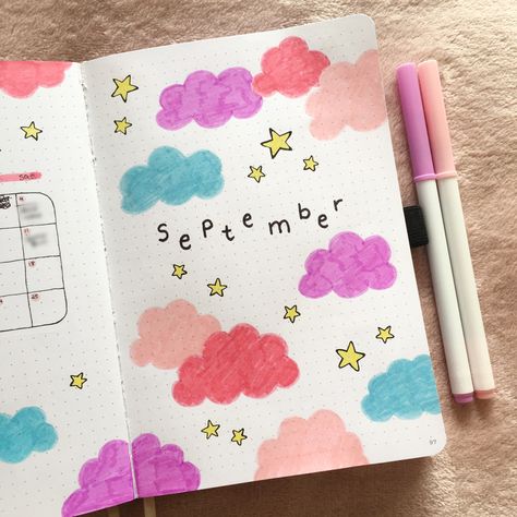 september cloud and stars bullet journal theme #bujo #bujoideas #bulletjournal #bulletjournaling #bulletjournalideas Cover Of Journal Ideas, September Book Journal, August Bullet Journal Cover Ideas, Simple Bullet Journal Themes, Simple Bujo Themes, September Journal Cover, September Journal Ideas, Journal Month Page, Cloud Journal