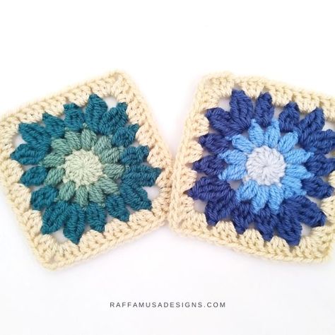 Crochet Mini Gerbera Flower Square • RaffamusaDesigns Space Crochet, Crochet Motives, Gerbera Flower, Things To Crochet, Puff Stitch, Floral Squares, Crochet Granny Squares, Granny Squares Pattern, Your Crochet