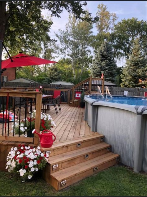 Deck Below Above Ground Pool, Above Ground Pool Deck With Grill Area, Above Ground Pool Layout, Above Ground Pool Off Patio, Wood Deck Around Above Ground Pool, Backyard Patio Designs With Above Ground Pool, Above Ground Pool Decks With Hot Tub, Pool With Deck Attached To House, Low Deck For Above Ground Pool