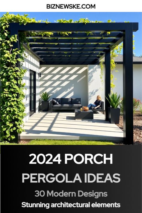 modern pergola designs for front porches Steel Pergola Attached To House, Front Pergola Porch, Pergola Modern Design, Pergola Attached To Fence, Modern Pergola Ideas Attached To House, Modern Pergola Attached To House, Pergola Ideas Attached To House, Modern Patio Cover, Pergola Patio Attached To House