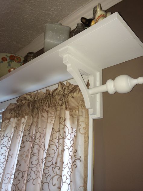 Shelf Over Bay Window, Curtain Rod Shelf Ideas, Shelves Above Windows Living Room, Curtains For Short Windows In Bedroom, Above Window Shelf, Over Window Shelf, Over The Window Shelf, Curtain Shelf, Shelf Over Window