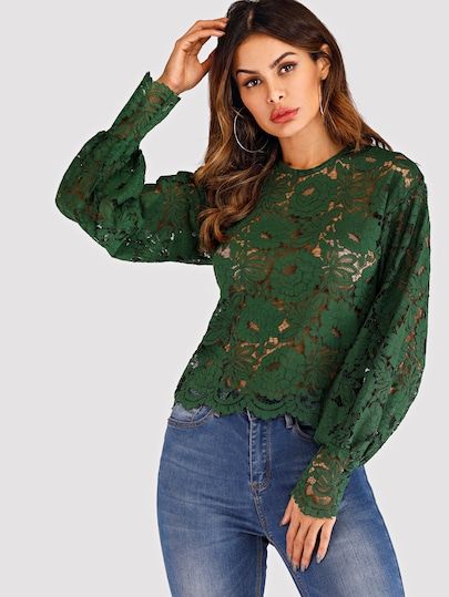 Blusas Top, Womens Lace Tops, Dark Autumn, Top Shein, African History, Women Blouses, Green Lace, Lantern Sleeve, Lantern Sleeves