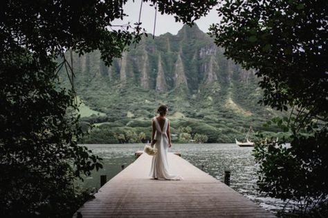 Tropical Chic Island Elopement at Kualoa Ranch Kualoa Ranch Wedding, Hawaii Wedding Ideas, Secret Island, Wedding Elopement Ideas, Hawaii Beach Wedding, Modern Elopement, Kualoa Ranch, Wedding Hawaii, Oahu Wedding