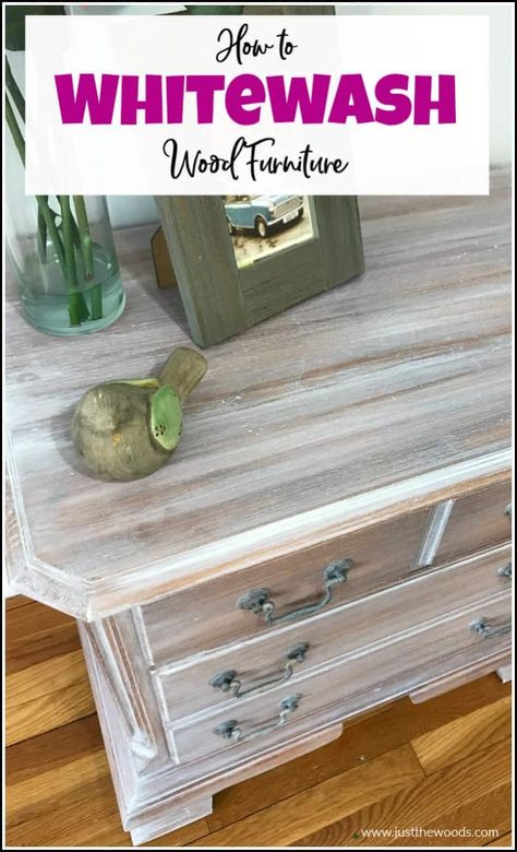 See how to whitewash wood furniture for a gorgeous weathered wood finish. Create the appearance of white wood stain with whitewash paint. #whitewashwood #whitewashfurniture #whitewashpaint #weatheredwood #howtoweatherwood #howtowhitewash Whitewash Wood Furniture, White Wash Wood Furniture, How To Whitewash Wood, White Wood Stain, Whitewash Paint, How To Whitewash, White Washed Furniture, Weathered Wood Finish, Furniture Painting Techniques