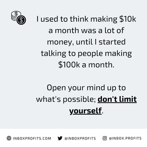 I used to think making $10k a month was a lot of money, until I started talking to people making $100k a month. Open your mind up to what's possible; don't limit yourself. #stocks #tradingtips I Make 10k A Month, 100k A Month, Make 10000 A Month, How To Make 10000 A Month, 20k Monthly Income, Investment Quotes, Mind Up, Lots Of Money, Digital Planner