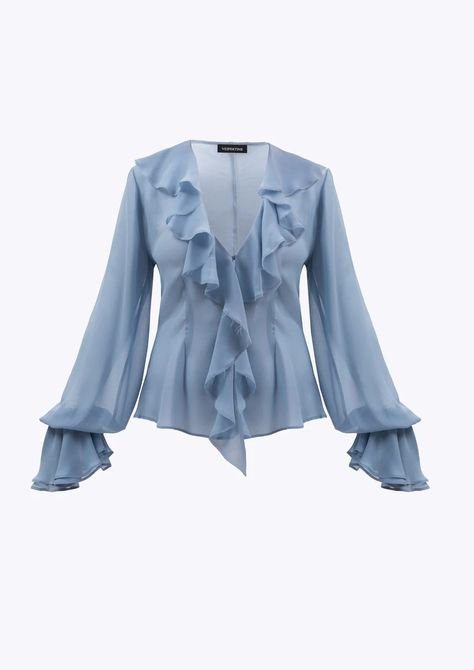 Ethereal Romantic, Georgette Shirt, Akai Shuichi, Light Blue Blouse, Blouse With Ruffles, Georgette Tops, Batik Fashion, Gray Silk, Midi Dress Party