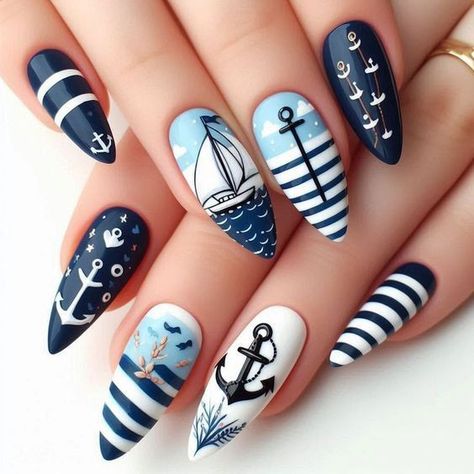 Sailboat Nails, Indi Nails, Elegant Manicure Ideas, Nail Designs Bright, Anchor Nail Designs, Nautical Nail Designs, Sailor Nails, Anchor Nail Art, Theme Nail Art