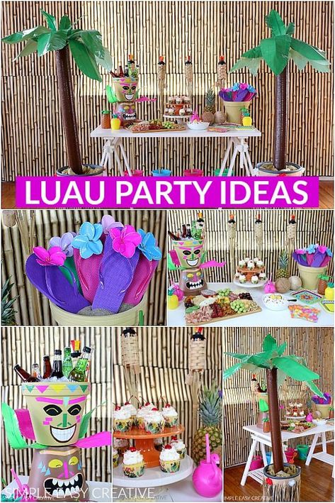 LUAU PARTY IDEAS :: These fun Hawaiian Luau Party Ideas are fun and easy! Make your own Palm Trees, Tiki Head and Flowers! #luaupartyideas #hawaiianluaupartyideas #partner #ducktapeflowers #partyideas Backyard Luau Party Decorations, Tiki Party Ideas Backyards, Adult Luau Party Ideas, Hawaiian Luau Party Ideas, Sleepover Bday, Advanced Crafts, Kids Luau Parties, Hawai Party, Luau Centerpieces