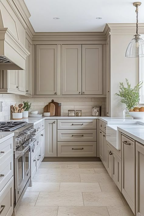 Beige Wall Kitchen Ideas, Small New Kitchen, Oyster Colored Cabinets, Cream And Tan Kitchen, Brown Taupe Kitchen Cabinets, Cabinet Colors White Countertop, Earth Kitchen Colors, Dark Cream Cabinets Kitchen, Timeless Neutral Kitchen