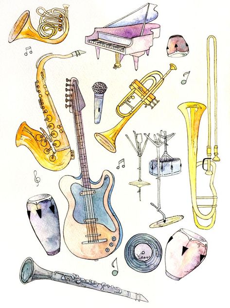 Jazz Illustration, Surrealism Fashion, Musical Instruments Drawing, Jazz Instruments, Object Reference, Bunny Sketches, Instruments Art, Funk Music, Rasy Koni