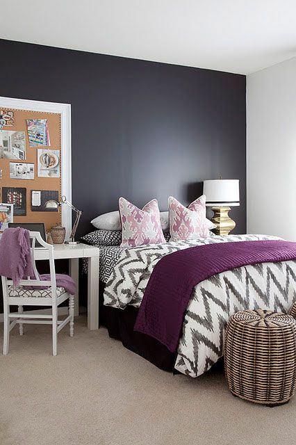 Love this whole design - and is making me reconsider accent wall vs painting the whole bedroom... Purple Curtains, Purple Bedrooms, Stylish Apartment, Eclectic Bedroom, Cool Ideas, Decor Minimalist, Ikea Hacks, Purple And White, Black Walls