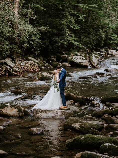 Mountain Lake Wedding, Mountain Wedding Ceremony, Wedding By River, River Elopement, Tennessee Elopement, Gatlinburg Wedding, Mountain Weddings, Mountain Elopement Dress, Smoky Mountains Wedding