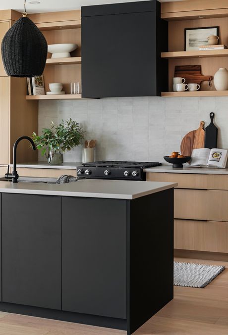 West Coast Modern Kitchen, Black And Natural Kitchen Cabinets, Black And Birch Kitchen, Black White And Brown Kitchen Modern, Natural And Black Kitchen, White Kitchens With Black Accents, Kitchens With No Island, Modern California Kitchen, Black And Natural Kitchen