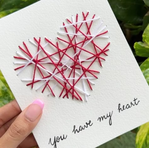 Notes Ideas For Friend, Heart Thread Art On Paper, Thread Heart Card Spotify, Thread Heart Card, Thread Cards Diy, Cute Note Ideas, Easy Valentines Cards, Simple Birthday Gifts, Valentine Gift Ideas For Him