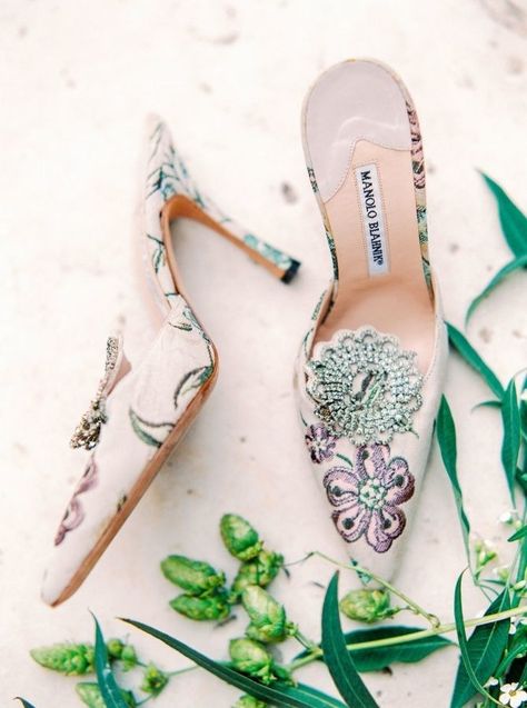 30 Wedding Shoe Photos We Can't Get Over | Brides.com Floral Bridal Shoes, Spring Wedding Shoes, Edgy Bridal, Unique Wedding Shoes, Perfect Wedding Shoes, Wedding Shoes Lace, Manolo Blahnik Heels, White Wedding Shoes, Shoes Ideas