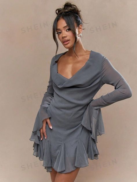 MISSGUIDED Crinkle Chiffon Cowl Neck Long Sleeves Frilled Cuff And Edge Mini Dress | SHEIN USA Cowl Neck Dress With Sleeves, Sports Jackets Women, Style Moodboard, Cowl Neck Long Sleeve, Cowl Neck Dress, Belted Coat, Retro Stil, Inspiration Mode