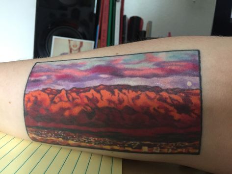 Sandia mountains and sunset over Albuquerque Tattoo by Zulu in Austin, Texas Albuquerque Tattoo, New Mexico Tattoo, Moutain Tattoos, Sandia Mountains, Mexico Tattoo, Sunset Tattoos, New Mexico Homes, Albuquerque News, Albuquerque New Mexico