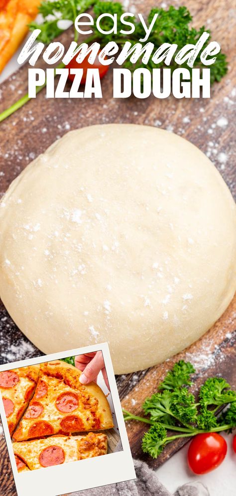 An overhead view of homemade pizza dough with a photo insert of a pepperoni pizza. Basic Pizza Dough Recipe, Simple Pizza Dough Recipe, Dough Recipe Easy, Easy Homemade Pizza Dough, Homemade Pizza Dough Easy, Homemade Pizzas, Delicious Pizza Recipes, Pizza Dough Recipe Easy, Leftover Pizza