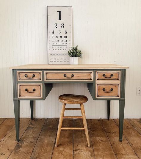 Sierra Dudley • Restless & Refurbished on Instagram: "Army Green & Natural Wood Desk SOLD" Refurbished Antique Desk, Refurbished Desk Ideas, Wood Desk Upcycle, Pine Desk Upcycle, Green Painted Desk, Sage Green Desk, Upcycled Antique Desk, Repainted Desk, Bleached Furniture