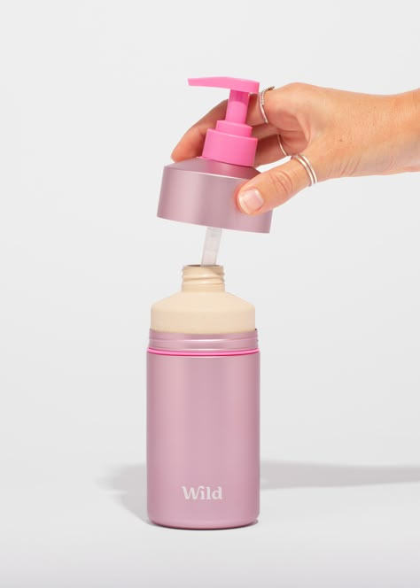 Wild Announces Refillable Shower Gel Dispenser System Designed By Morrama | Dieline - Design, Branding & Packaging Inspiration Kid Skincare, Cleanser Bottle Design, Shampoo Bottle Design, Shower Gel Bottle Design, Pump Bottle Packaging, Refillable Packaging, Shower Gel Packaging, Refill Packaging, Japanese Shower