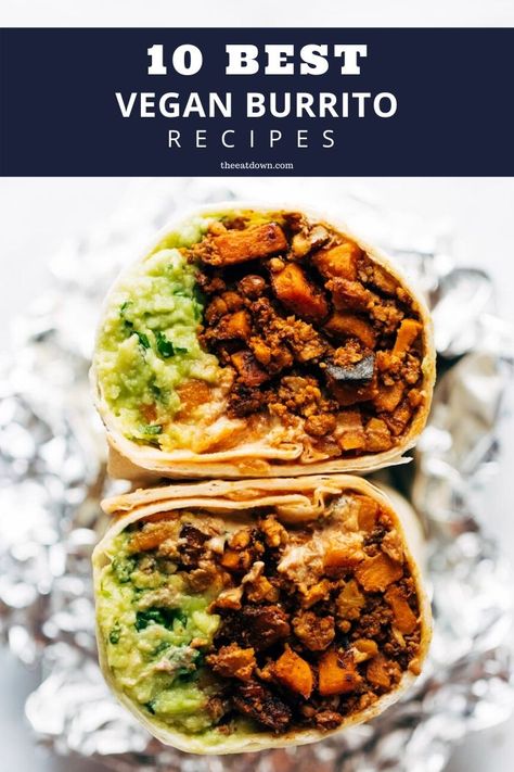 Check out these delicious vegan burritos from around the web. Protein packed and vegan friendly. Including breakfast burritos, burrito bowls, naked burritos, and more! Vegan Burrito Filling, Vegan Burrito Recipe, Bean Burrito Recipe, Vegan Burritos, Burrito Recipes, Vegetarian Burrito, Vegan Breakfast Burrito, Vegan Chorizo, Protein Vegetarian