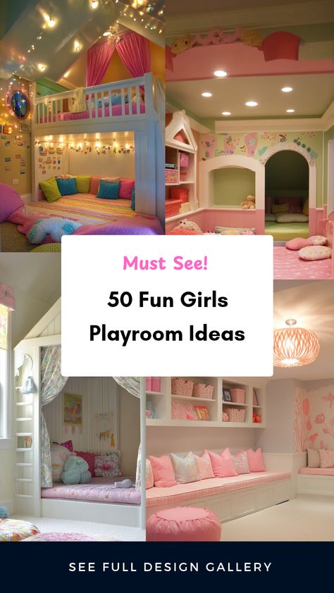 Looking to create a delightful and creative playroom for your daughter? Discover 50 inspiring ideas that will transform any space into a magical girls' playroom. From enchanting color themes to imaginative decor options, we provide a variety of designs to suit your preferences. Tailor the space to your daughter's personality, ensuring her playroom is a perfect place for fun and creativity. Check out our detailed guides and inspiration shots to help you design an engaging area for playtime adventures. Playroom Age 5-8, Princess Playroom Ideas, Kids Bedroom And Playroom Combo, Luxury Kids Playroom, Playroom Bedroom Combo, Cute Playroom Ideas, Playroom Decoration Ideas, Fun Kids Room Ideas, Girls Playroom Ideas