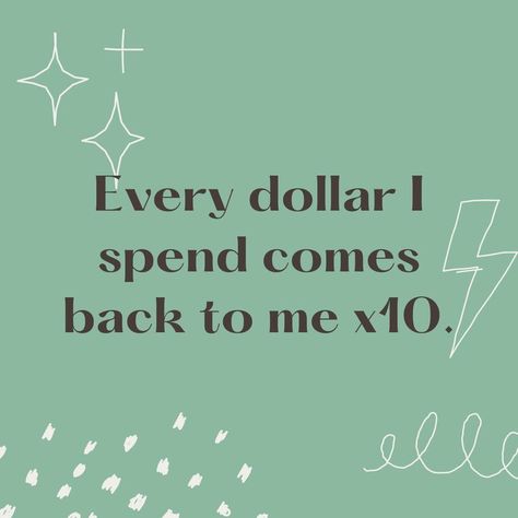 A green background with the text overlay,"Every dollar I spend comes back to me x10." Money Sayings, Spending Money Quotes, Quote Happiness, Money Affirmation, Self Growth Quotes, Quotes Money, Quotes Affirmations, Self Growth, Growth Quotes