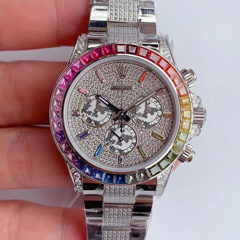 New JH Factroy New Rolex Daytona Rainbow Full Pave Diamond Replica Watch - Swiss 4130 Movement #JH Factroy #jh daytona#iced out rolex# Rolex Rainbow Daytona Everose Rolex Rainbow, Rolex Daytona Rainbow, Rolex Daytona Stainless Steel, Rolex Daytona Watch, Daytona Watch, Men's Watches Luxury, New Rolex, Rolex Daytona, Diy Shoes