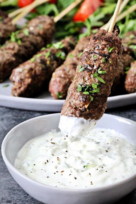 Beef Kofta Kebabs with Tzatziki Sauce - The Foodie Physician Turkish Dips Sauce Recipes, Greek Kofta Recipe, Beef Kefta, Greek Beef Recipes, Kofta Kebab, Beef Kofta, Lamb Koftas, Lamb Kofta, Kebab Sticks