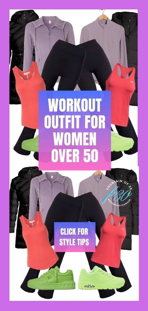 What should you wear when you to get back to your fitness routine this year? Here is the perfect workout outfit for women over 50 to wear now! #athleisure #workoutwear #fitness #highlow Gym Outfits For Women Over 40, What To Wear To The Gym For Women, Casual Activewear With Upf 50+ For Gym, Sporty Activewear With Upf 50+ For Workout, Fitted Workout Tops With Upf 50+, Midsize Workout Outfit, Zumba Outfits For Women, Casual Activewear With Upf 50+ For Workout, Long Sleeve Workout Tops With Upf 50+