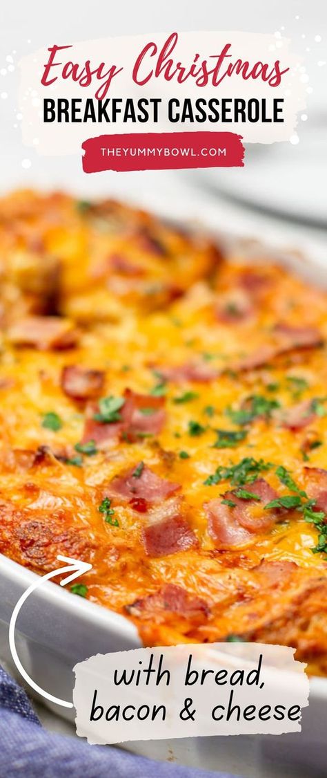 Easy Breakfast Casserole With Bacon - Layers of delicious fluffy bread soaked in milk and egg mixture and then baked with bacon & cheese until perfection. A perfect casserole dish for breakfast or brunch! Easy Breakfast Casserole With Bacon, Egg Casserole With Bread, Bacon Egg And Cheese Casserole, Quick Breakfast Casserole, Overnight Egg Casserole, Breakfast Casserole With Bacon, Bacon Egg Bake, Christmas Morning Breakfast Casserole, Breakfast Casserole With Bread