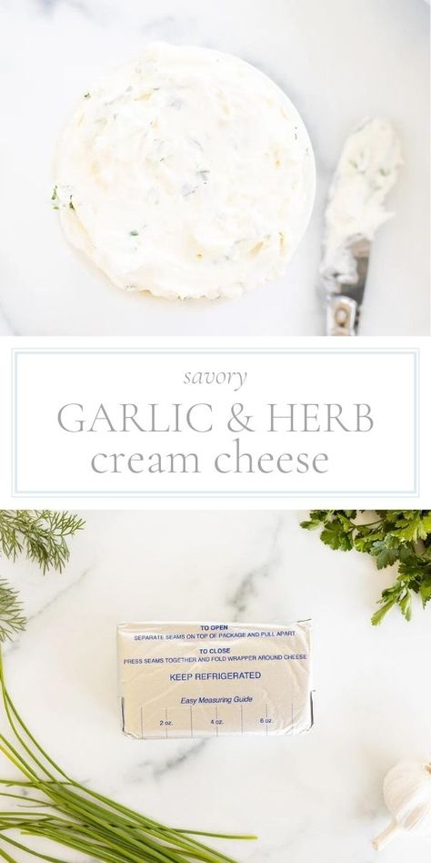 This garlic and herb cream cheese is a savory, delectable way to top bagels, toast, crostini and so much more. Infused with fresh, fragrant herbs and minced garlic, it's pure joy! You can add it to pasta, soup or even salads. It's a perfect spread for your favorite wraps, and it's even delicious as a simple appetizer. Garlic And Herb Cream Cheese Recipes, Herb Cream Cheese Recipe, Garlic And Herb Cream Cheese, Herb Cream Cheese, Make Ahead Brunch, Simple Appetizer, Family Desserts, Julie Blanner, Pasta Soup