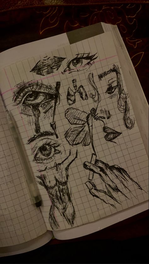 random rough sketches in a notebook that was actually meant for studying #sketch #sketchbook #drawing #aesthetic #pencil #penart #art #aestheticsketches #sketching #drawing #artist #eyesketch #draw #sketchoftheday #artistic #sketchinspo #artinspo Drawing Pencils Aesthetic, Edgy Sketches Aesthetic, Rough Drawing Sketches, Messy Pencil Sketches, Sketchbook Ideas Aesthetic Grunge, Rough Sketches Sketchbooks, Messy Drawings Sketches Aesthetic, Sketch Pad Drawings, Messy Notebook Aesthetic