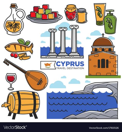 Cyprus travel landmarks symbols and tourist Vector Image Cyprus Tattoo, Ancient Greek Buildings, Cyprus Flag, Travel Symbols, Cyprus Travel, Travel Doodles, Ocean Island, World Thinking Day, Country Theme