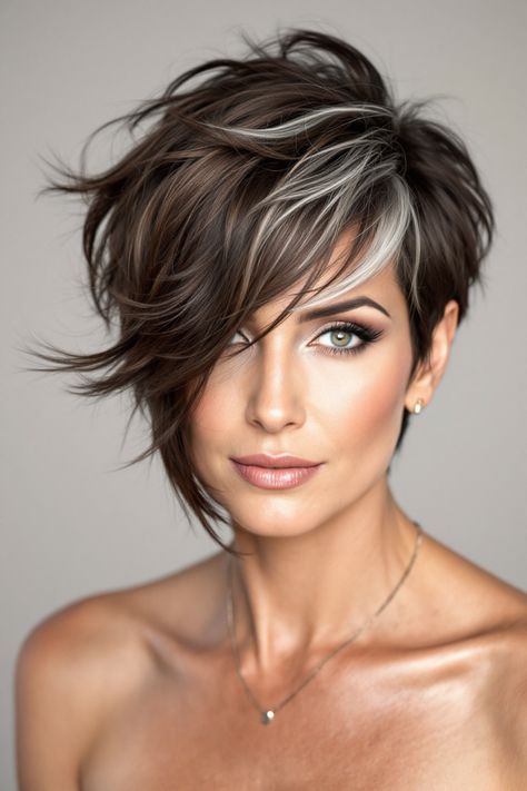 Hair Colour For Pixie Haircut, Long Pixie Shag Haircut, Short And Sassy Haircuts Over 50, Long Bangs Pixie Cut, Layered Hair For Short Hair, A Line Haircuts For Women, Short Asymmetrical Haircut Fine Hair, Short Fun Haircuts For Women, 2024 Hairstyles For Women Over 50