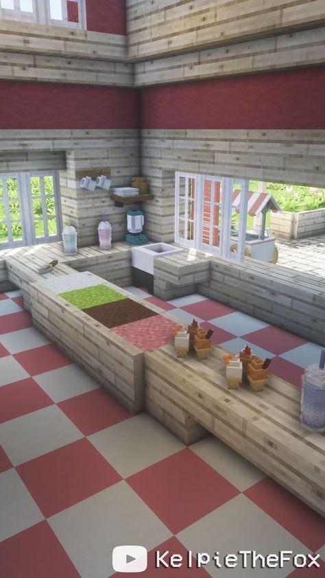 Minecraft Hair Salon, Ice Cream Minecraft Build, Icecream Shop Minecraft, Cute Minecraft Bakery Ideas, Fairycore Minecraft Builds No Mods, Diner Minecraft, Pink Minecraft House No Mods, Ice Cream Shop Minecraft, Minecraft Grocery Store Interior