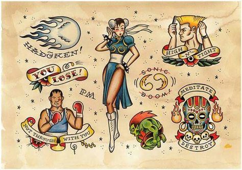 Street Fighter Flash Doodles, Tattoo Traditional Flash, Discworld Tattoo, Flash Sketch, Fighter Tattoo, Video Game Tattoos, Gamer Tattoos, Video Game Tattoo, Traditional Flash