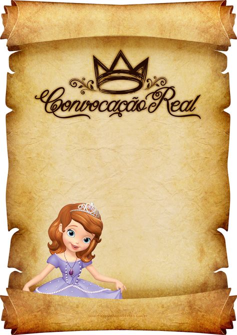 Convite Pergaminho Princesa Sofia 4                                                                                                                                                      Mais Sofia Party, Rapunzel Party, Princess Sophia, Tema Disney, Snow White Birthday, Snow White Party, Moana Party, Princess And The Frog, Sofia The First