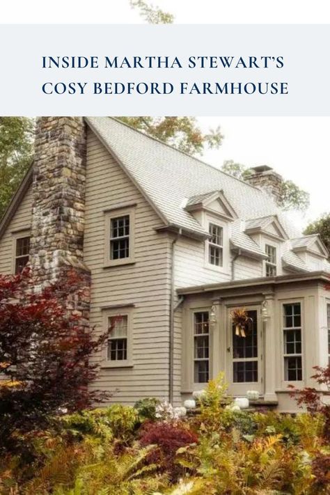 We'd expect nothing less than an elegant homestead with rustic touches from the decorating icon. Tap the link now for a full tour inside Martha Stewart's autumnal farmhouse in Bedford, New York. Historic Home Aesthetic, New England Style Homes, Bedford New York, New England House, Martha Stewart Home, New England Farmhouse, Stone Chimney, Expect Nothing, Colonial Exterior