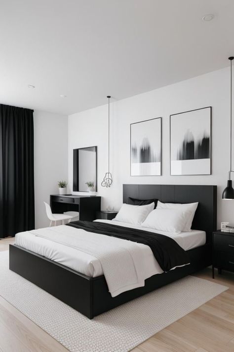 Black And White Bedroom Ideas Luxury, Black Furniture Bedroom Aesthetic, Black And White Bedroom Aesthetic, Black Modern Bedroom, White And Black Bedroom, Bedroom Black And White, Black White Bedrooms, Monochrome Bedroom, Black And White Bedroom