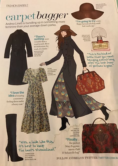 Lucky Magazine, Andrea Linette. Boho maxi dress with heeled boots, long coat, floppy hat, carpet bag. Dark Bohemian, Amazon Queen, Lucky Magazine, Boho Goth, 70s Aesthetic, Witchy Fashion, Boho Fall, Hippie Bohemian, Boho Maxi Dress