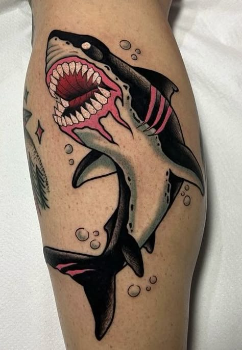 Trad Shark Tattoo, Shark Tattoo Color, Neo Traditional Shark Tattoo, Shark Head Tattoo, Neo Traditional Shark, Blowfish Tattoo, American Traditional Shark Tattoo, Shark Traditional Tattoo, American Traditional Shark